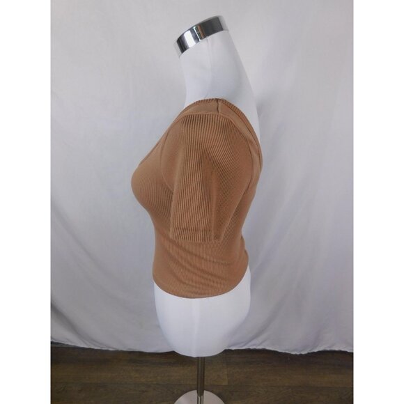 Bozzolo Tan Ribbed Knit Crop Top Deep Scoop Neck M/L - Picture 4 of 11